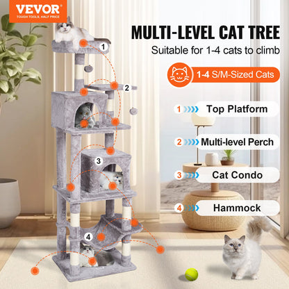 VEVOR Cat Tree for Indoor Cats, 63" Cat Tower with 2 Cat Condos, Sisal Scratching Post, Hammock, Top Perch, Jumping Platforms, Large Cat Furniture Activity Center with Hang Ball, Light Grey - DXSMS7C2FQH0PX1IIV0 - view 3