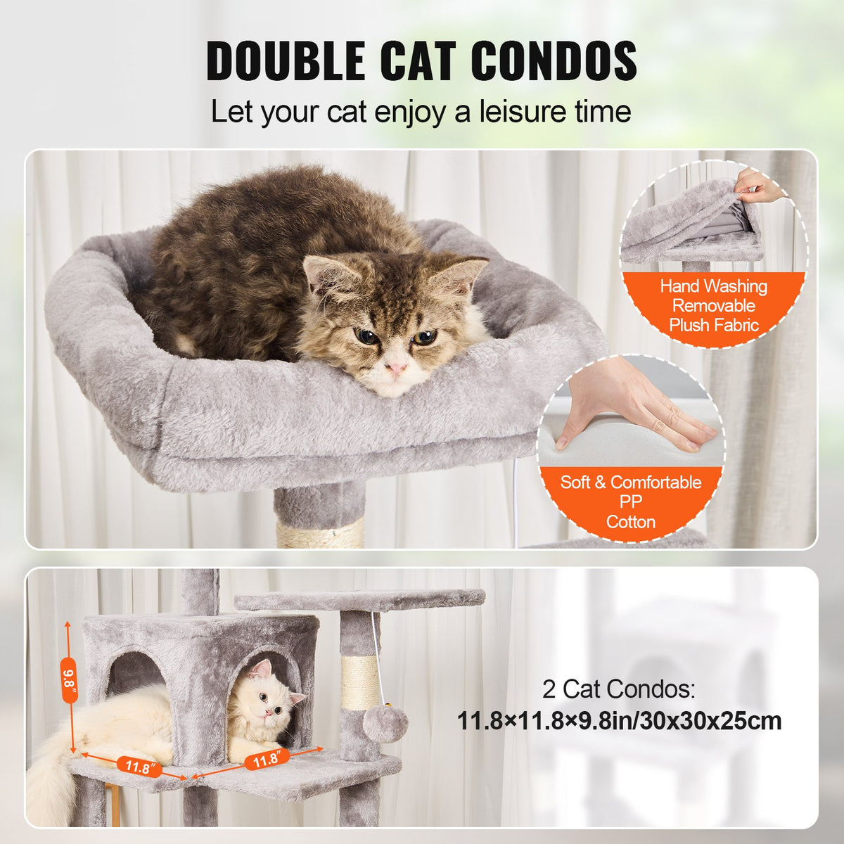 VEVOR Cat Tree for Indoor Cats, 63" Cat Tower with 2 Cat Condos, Sisal Scratching Post, Hammock, Top Perch, Jumping Platforms, Large Cat Furniture Activity Center with Hang Ball, Light Grey - DXSMS7C2FQH0PX1IIV0 - view 4