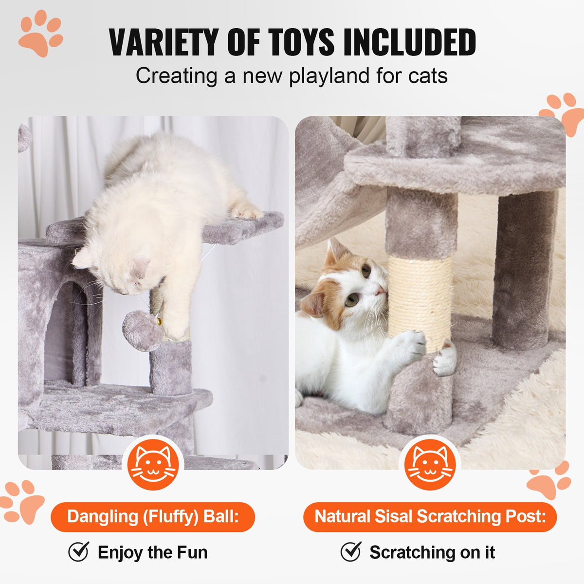 VEVOR Cat Tree for Indoor Cats, 63" Cat Tower with 2 Cat Condos, Sisal Scratching Post, Hammock, Top Perch, Jumping Platforms, Large Cat Furniture Activity Center with Hang Ball, Light Grey - DXSMS7C2FQH0PX1IIV0 - view 5