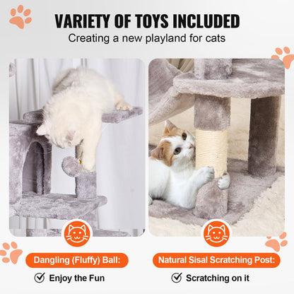 VEVOR Cat Tree for Indoor Cats, 63" Cat Tower with 2 Cat Condos, Sisal Scratching Post, Hammock, Top Perch, Jumping Platforms, Large Cat Furniture Activity Center with Hang Ball, Light Grey - DXSMS7C2FQH0PX1IIV0 - view 5