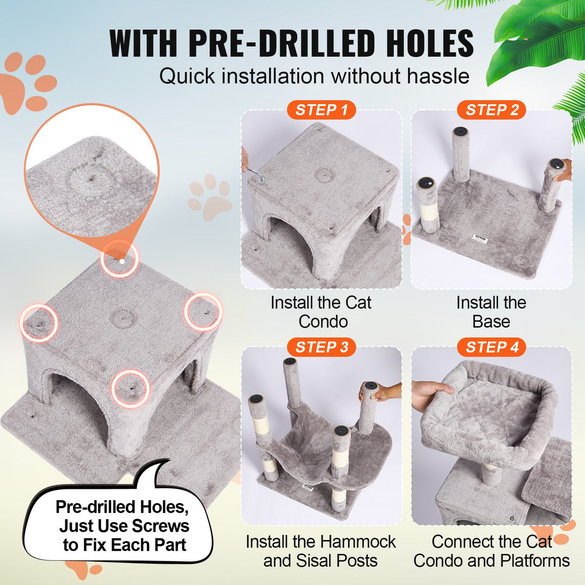 VEVOR Cat Tree for Indoor Cats, 63" Cat Tower with 2 Cat Condos, Sisal Scratching Post, Hammock, Top Perch, Jumping Platforms, Large Cat Furniture Activity Center with Hang Ball, Light Grey - DXSMS7C2FQH0PX1IIV0 - view 6