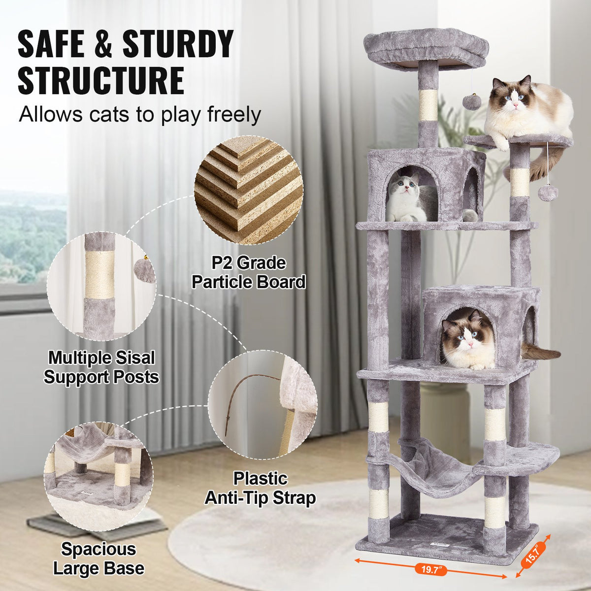 VEVOR Cat Tree for Indoor Cats, 63" Cat Tower with 2 Cat Condos, Sisal Scratching Post, Hammock, Top Perch, Jumping Platforms, Large Cat Furniture Activity Center with Hang Ball, Light Grey - DXSMS7C2FQH0PX1IIV0 - view 7