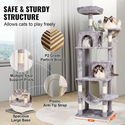 VEVOR Cat Tree for Indoor Cats, 63" Cat Tower with 2 Cat Condos, Sisal Scratching Post, Hammock, Top Perch, Jumping Platforms, Large Cat Furniture Activity Center with Hang Ball, Light Grey - DXSMS7C2FQH0PX1IIV0 - view 7