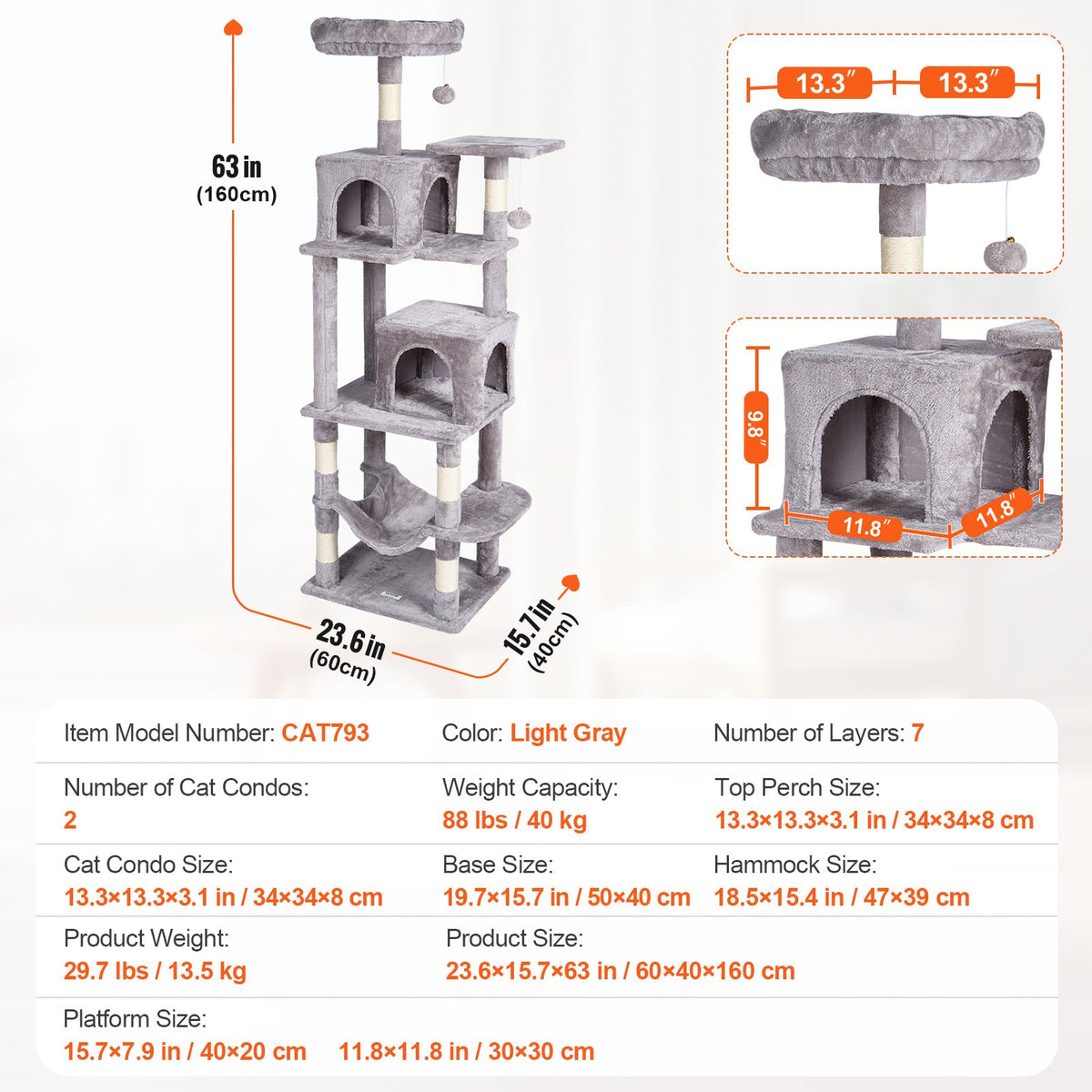 VEVOR Cat Tree for Indoor Cats, 63" Cat Tower with 2 Cat Condos, Sisal Scratching Post, Hammock, Top Perch, Jumping Platforms, Large Cat Furniture Activity Center with Hang Ball, Light Grey - DXSMS7C2FQH0PX1IIV0 - view 8