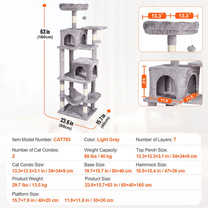 VEVOR Cat Tree for Indoor Cats, 63" Cat Tower with 2 Cat Condos, Sisal Scratching Post, Hammock, Top Perch, Jumping Platforms, Large Cat Furniture Activity Center with Hang Ball, Light Grey - DXSMS7C2FQH0PX1IIV0 - view 8