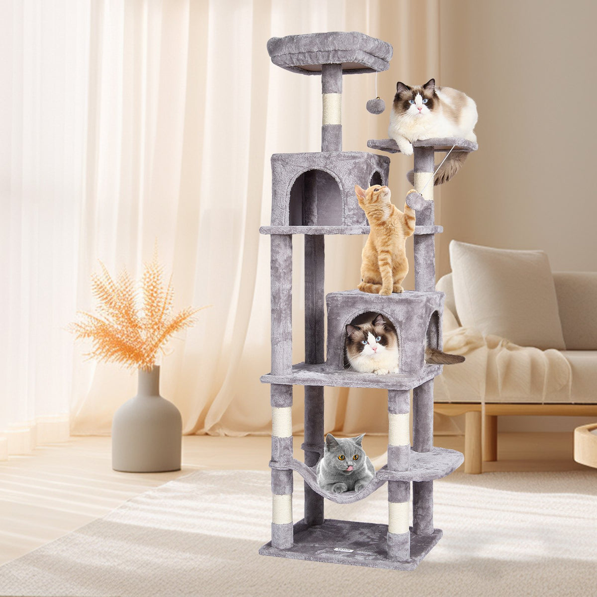VEVOR Cat Tree for Indoor Cats, 63" Cat Tower with 2 Cat Condos, Sisal Scratching Post, Hammock, Top Perch, Jumping Platforms, Large Cat Furniture Activity Center with Hang Ball, Light Grey - DXSMS7C2FQH0PX1IIV0 - view 9
