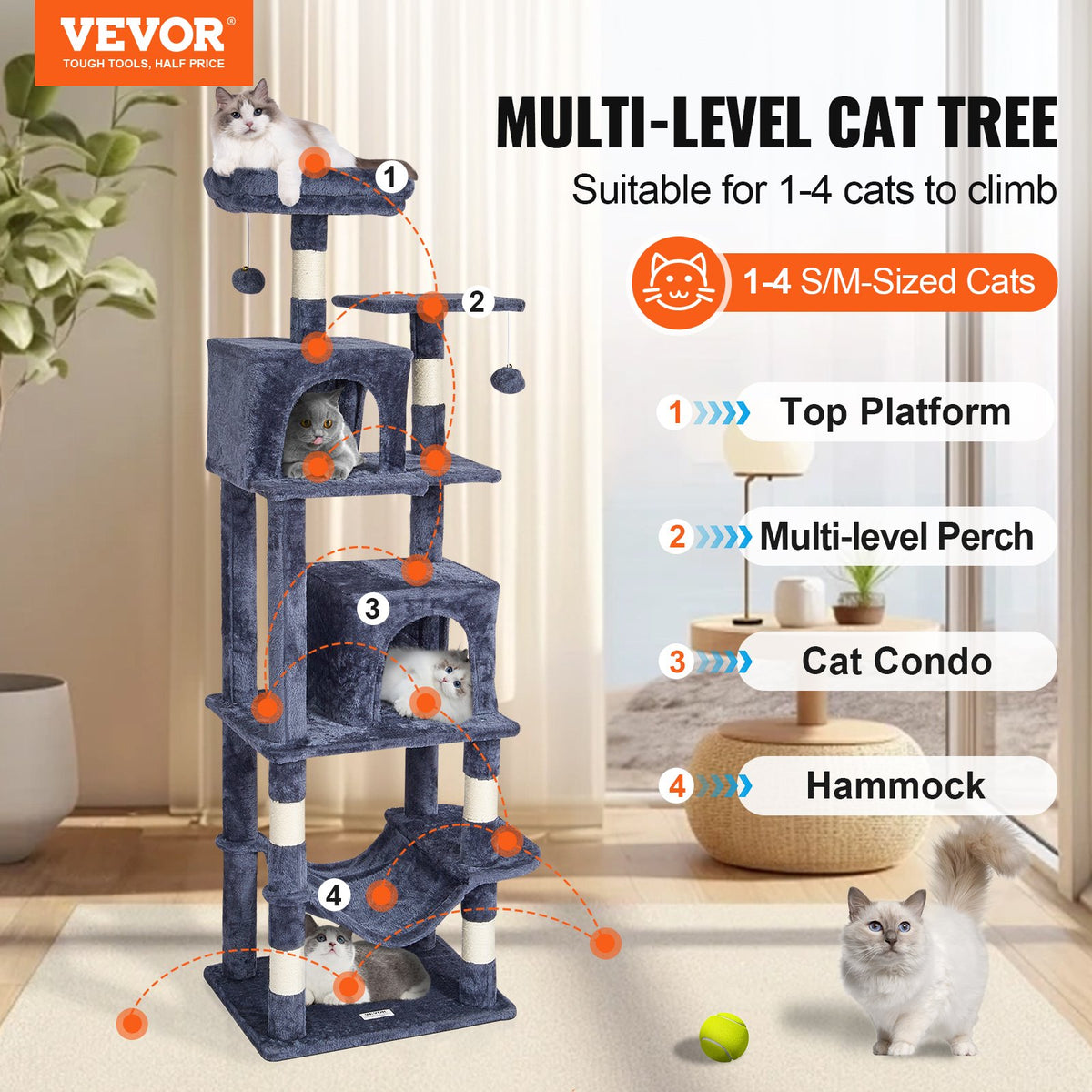 VEVOR Cat Tree for Indoor Cats, 63" Cat Tower with 2 Cat Condos, Sisal Scratching Post, Hammock, Top Perch, Jumping Platforms, Large Cat Furniture Activity Center with Hang Ball, Dark Grey - DXSMS7C2FSH01UFZ8V0 - view 3