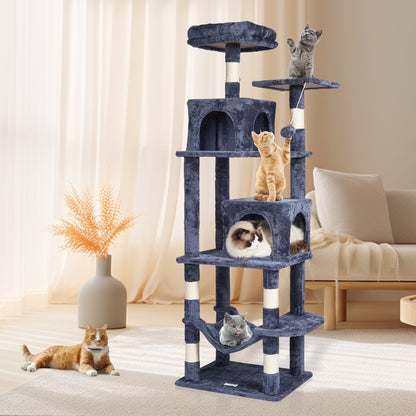 VEVOR Cat Tree for Indoor Cats, 63" Cat Tower with 2 Cat Condos, Sisal Scratching Post, Hammock, Top Perch, Jumping Platforms, Large Cat Furniture Activity Center with Hang Ball, Dark Grey - DXSMS7C2FSH01UFZ8V0 - view 9
