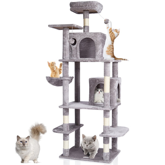 VEVOR Cat Tree for Indoor Cats, 68.5" Cat Tower with 2 Cat Condos, Sisal Scratching Post, Hammock, Top Perch, Jumping Platforms, Large Cat Furniture Activity Center with Hang Ball, Light Grey - DXSMS8C2FQH03S5QHV0 - view 1