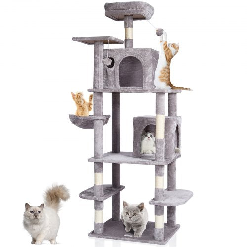 VEVOR Cat Tree for Indoor Cats, 68.5" Cat Tower with 2 Cat Condos, Sisal Scratching Post, Hammock, Top Perch, Jumping Platforms, Large Cat Furniture Activity Center with Hang Ball, Light Grey - DXSMS8C2FQH03S5QHV0 - view 2