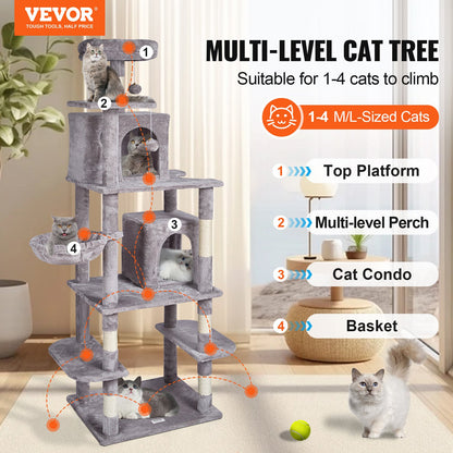 VEVOR Cat Tree for Indoor Cats, 68.5" Cat Tower with 2 Cat Condos, Sisal Scratching Post, Hammock, Top Perch, Jumping Platforms, Large Cat Furniture Activity Center with Hang Ball, Light Grey - DXSMS8C2FQH03S5QHV0 - view 3