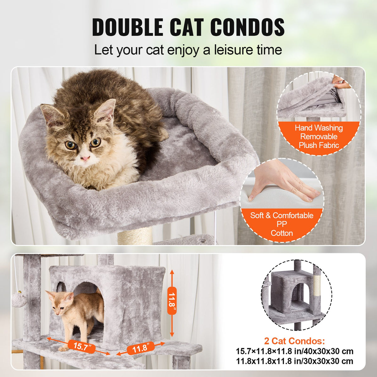 VEVOR Cat Tree for Indoor Cats, 68.5" Cat Tower with 2 Cat Condos, Sisal Scratching Post, Hammock, Top Perch, Jumping Platforms, Large Cat Furniture Activity Center with Hang Ball, Light Grey - DXSMS8C2FQH03S5QHV0 - view 4