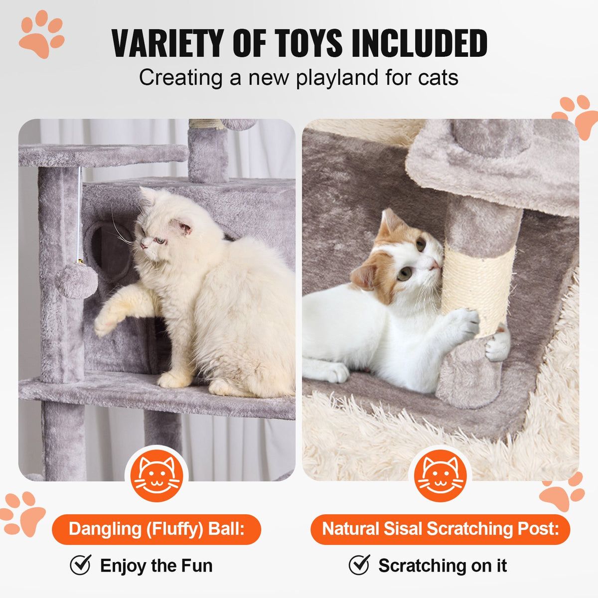 VEVOR Cat Tree for Indoor Cats, 68.5" Cat Tower with 2 Cat Condos, Sisal Scratching Post, Hammock, Top Perch, Jumping Platforms, Large Cat Furniture Activity Center with Hang Ball, Light Grey - DXSMS8C2FQH03S5QHV0 - view 5