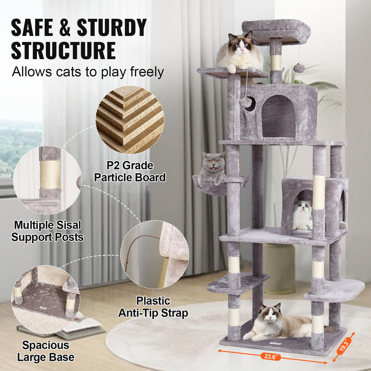 VEVOR Cat Tree for Indoor Cats, 68.5" Cat Tower with 2 Cat Condos, Sisal Scratching Post, Hammock, Top Perch, Jumping Platforms, Large Cat Furniture Activity Center with Hang Ball, Light Grey - DXSMS8C2FQH03S5QHV0 - view 7