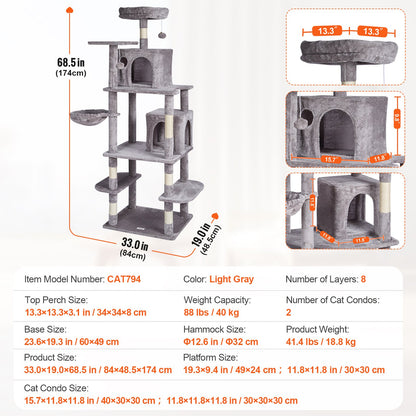 VEVOR Cat Tree for Indoor Cats, 68.5" Cat Tower with 2 Cat Condos, Sisal Scratching Post, Hammock, Top Perch, Jumping Platforms, Large Cat Furniture Activity Center with Hang Ball, Light Grey - DXSMS8C2FQH03S5QHV0 - view 8