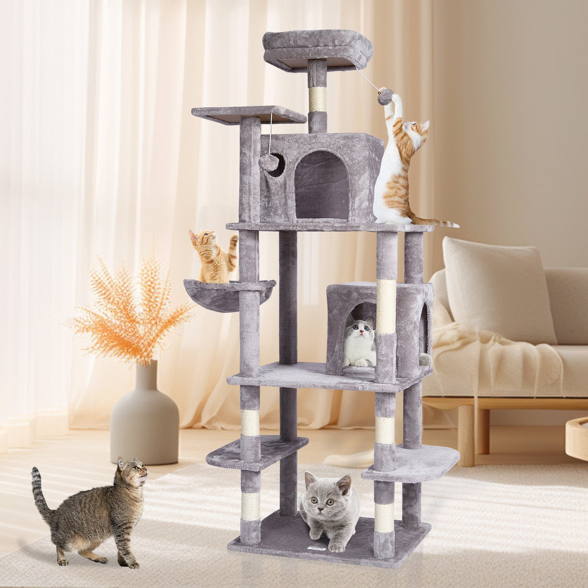 VEVOR Cat Tree for Indoor Cats, 68.5" Cat Tower with 2 Cat Condos, Sisal Scratching Post, Hammock, Top Perch, Jumping Platforms, Large Cat Furniture Activity Center with Hang Ball, Light Grey - DXSMS8C2FQH03S5QHV0 - view 9