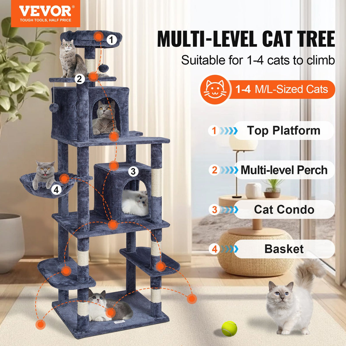 VEVOR Cat Tree for Indoor Cats, 68.5" Cat Tower with 2 Cat Condos, Sisal Scratching Post, Hammock, Top Perch, Jumping Platforms, Large Cat Furniture Activity Center with Hang Ball, Dark Grey - DXSMS8C2FSH0S4J5KV0 - view 3