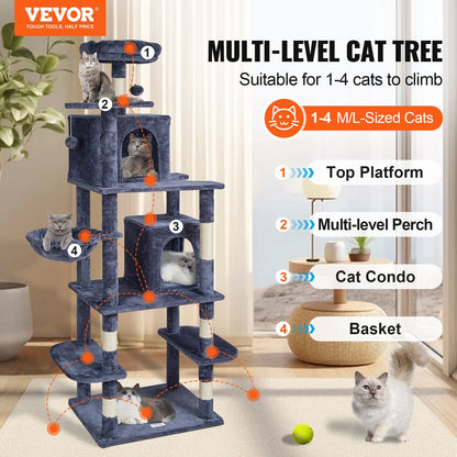 VEVOR Cat Tree for Indoor Cats, 68.5" Cat Tower with 2 Cat Condos, Sisal Scratching Post, Hammock, Top Perch, Jumping Platforms, Large Cat Furniture Activity Center with Hang Ball, Dark Grey - DXSMS8C2FSH0S4J5KV0 - view 3