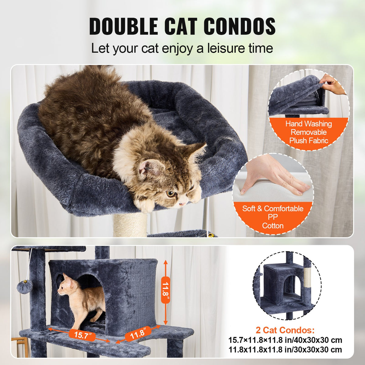 VEVOR Cat Tree for Indoor Cats, 68.5" Cat Tower with 2 Cat Condos, Sisal Scratching Post, Hammock, Top Perch, Jumping Platforms, Large Cat Furniture Activity Center with Hang Ball, Dark Grey - DXSMS8C2FSH0S4J5KV0 - view 4