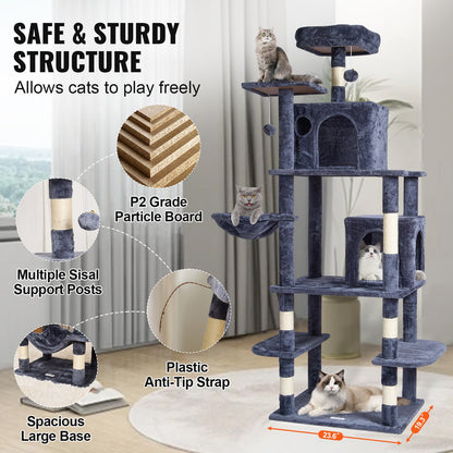 VEVOR Cat Tree for Indoor Cats, 68.5" Cat Tower with 2 Cat Condos, Sisal Scratching Post, Hammock, Top Perch, Jumping Platforms, Large Cat Furniture Activity Center with Hang Ball, Dark Grey - DXSMS8C2FSH0S4J5KV0 - view 7