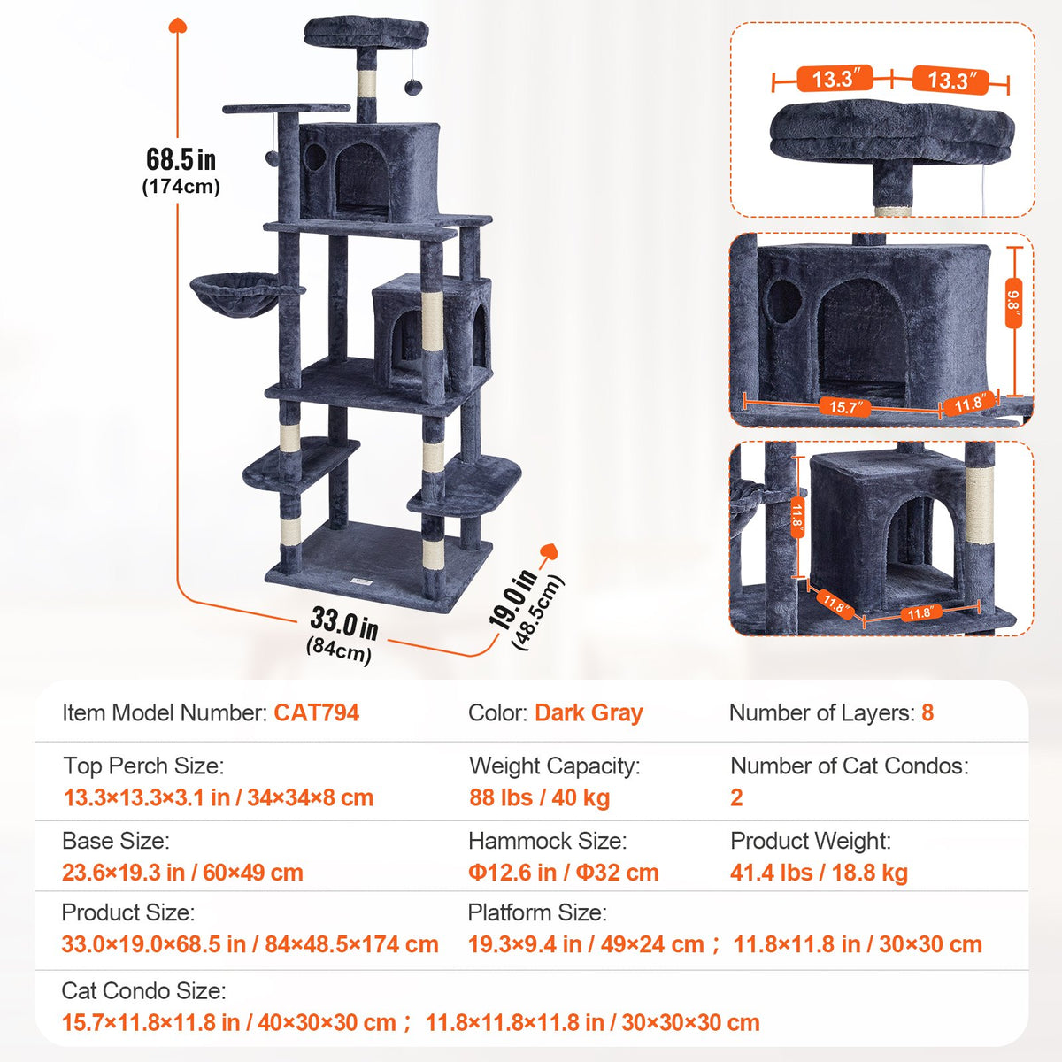 VEVOR Cat Tree for Indoor Cats, 68.5" Cat Tower with 2 Cat Condos, Sisal Scratching Post, Hammock, Top Perch, Jumping Platforms, Large Cat Furniture Activity Center with Hang Ball, Dark Grey - DXSMS8C2FSH0S4J5KV0 - view 8
