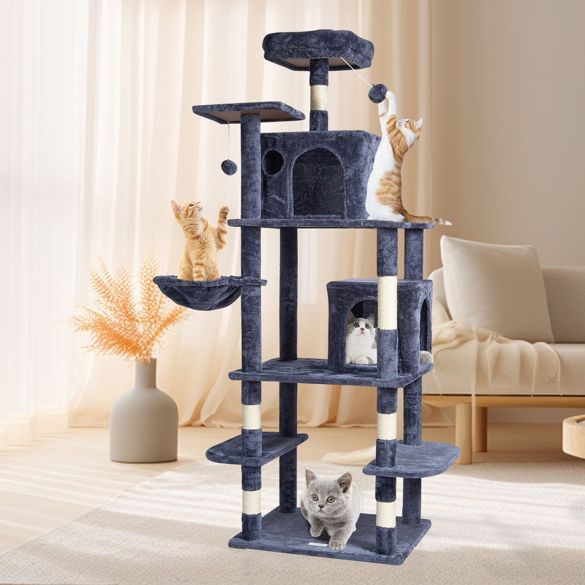VEVOR Cat Tree for Indoor Cats, 68.5" Cat Tower with 2 Cat Condos, Sisal Scratching Post, Hammock, Top Perch, Jumping Platforms, Large Cat Furniture Activity Center with Hang Ball, Dark Grey - DXSMS8C2FSH0S4J5KV0 - view 9