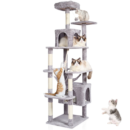 VEVOR Cat Tree for Indoor Cats, 72" Cat Tower with 2 Cat Condos, Sisal Scratching Post, Hammock, Top Perch, Jumping Platforms, Large Cat Furniture Activity Center with Hang Ball, Light Grey - DXSMS9C2FQH0LAOT7V0 - view 1