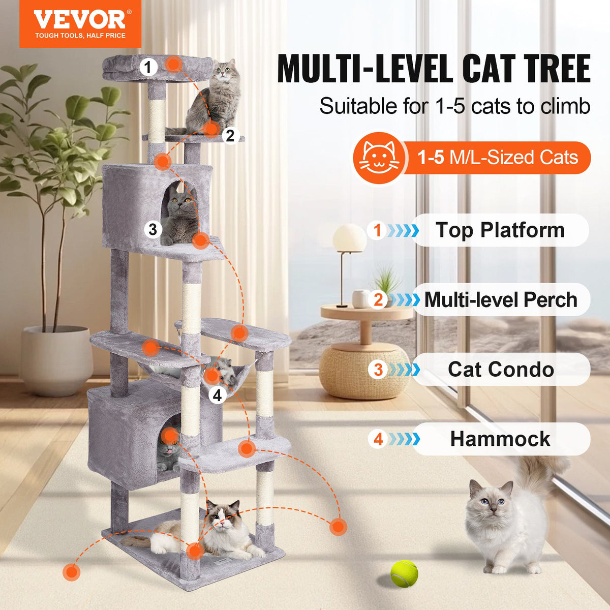 VEVOR Cat Tree for Indoor Cats, 72" Cat Tower with 2 Cat Condos, Sisal Scratching Post, Hammock, Top Perch, Jumping Platforms, Large Cat Furniture Activity Center with Hang Ball, Light Grey - DXSMS9C2FQH0LAOT7V0 - view 3
