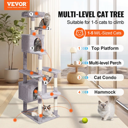 VEVOR Cat Tree for Indoor Cats, 72" Cat Tower with 2 Cat Condos, Sisal Scratching Post, Hammock, Top Perch, Jumping Platforms, Large Cat Furniture Activity Center with Hang Ball, Light Grey - DXSMS9C2FQH0LAOT7V0 - view 3