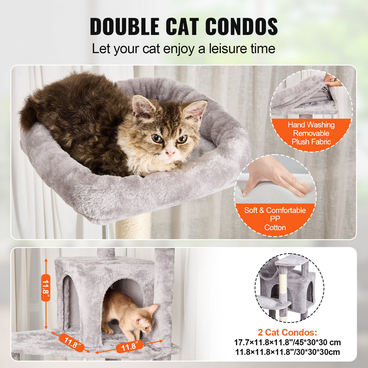 VEVOR Cat Tree for Indoor Cats, 72" Cat Tower with 2 Cat Condos, Sisal Scratching Post, Hammock, Top Perch, Jumping Platforms, Large Cat Furniture Activity Center with Hang Ball, Light Grey - DXSMS9C2FQH0LAOT7V0 - view 4