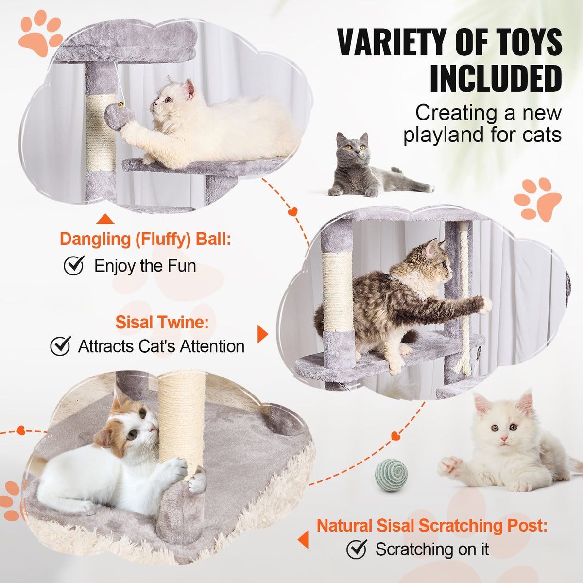 VEVOR Cat Tree for Indoor Cats, 72" Cat Tower with 2 Cat Condos, Sisal Scratching Post, Hammock, Top Perch, Jumping Platforms, Large Cat Furniture Activity Center with Hang Ball, Light Grey - DXSMS9C2FQH0LAOT7V0 - view 5