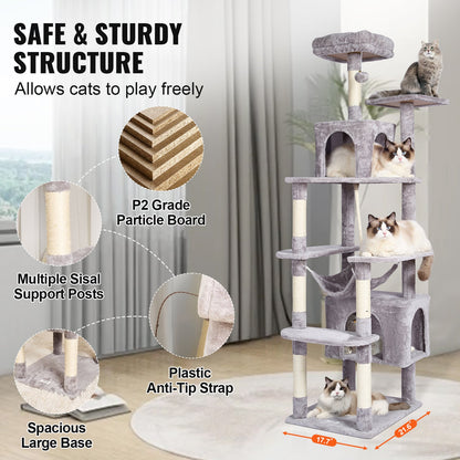 VEVOR Cat Tree for Indoor Cats, 72" Cat Tower with 2 Cat Condos, Sisal Scratching Post, Hammock, Top Perch, Jumping Platforms, Large Cat Furniture Activity Center with Hang Ball, Light Grey - DXSMS9C2FQH0LAOT7V0 - view 7