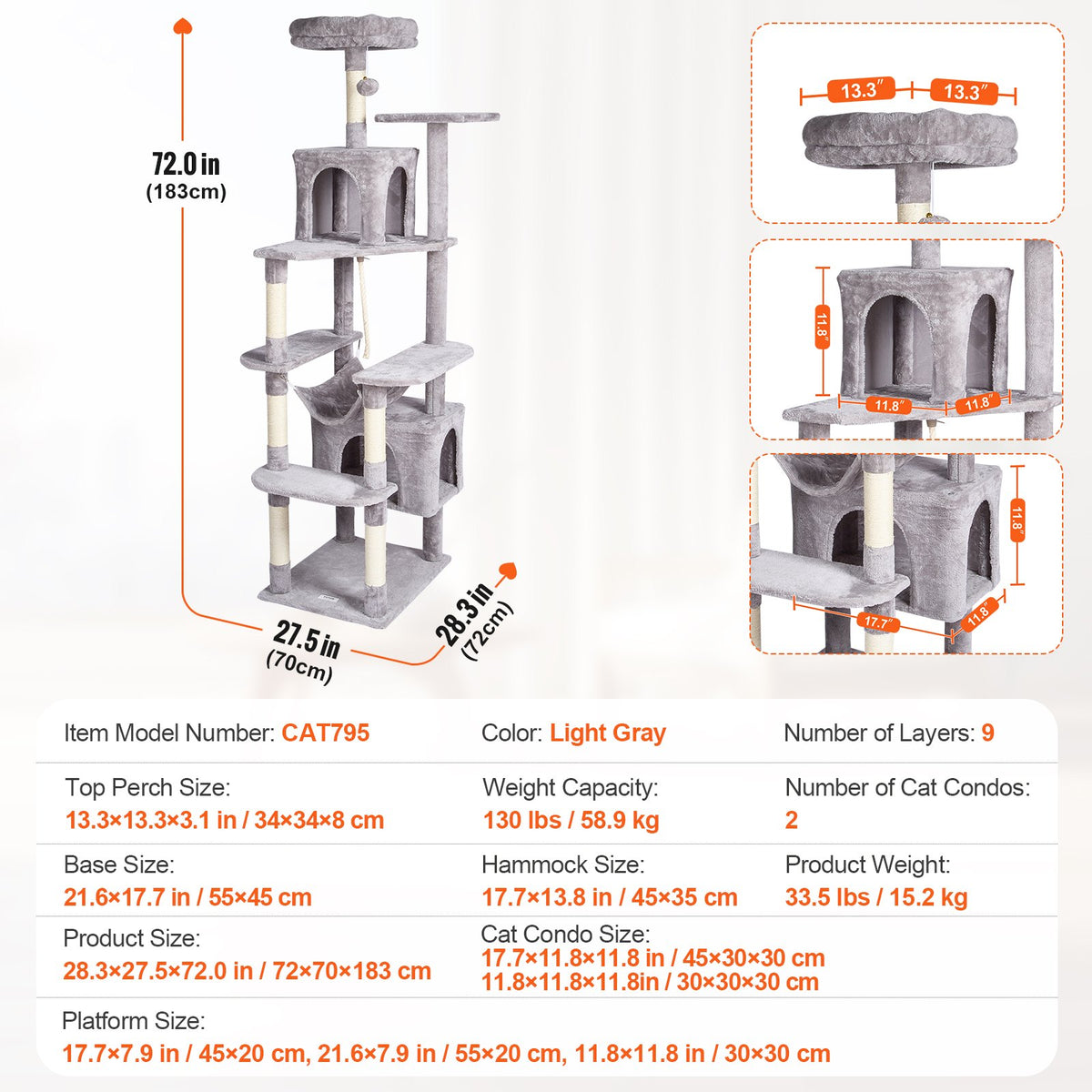 VEVOR Cat Tree for Indoor Cats, 72" Cat Tower with 2 Cat Condos, Sisal Scratching Post, Hammock, Top Perch, Jumping Platforms, Large Cat Furniture Activity Center with Hang Ball, Light Grey - DXSMS9C2FQH0LAOT7V0 - view 8