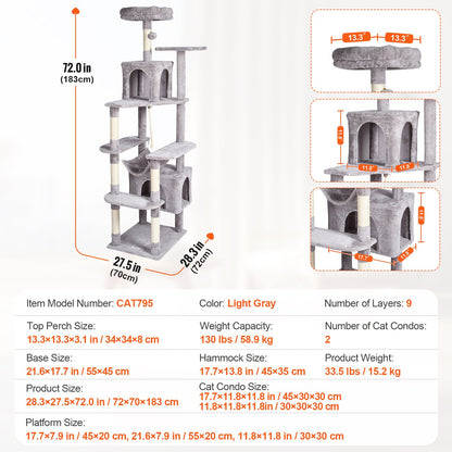 VEVOR Cat Tree for Indoor Cats, 72" Cat Tower with 2 Cat Condos, Sisal Scratching Post, Hammock, Top Perch, Jumping Platforms, Large Cat Furniture Activity Center with Hang Ball, Light Grey - DXSMS9C2FQH0LAOT7V0 - view 8