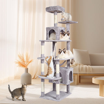 VEVOR Cat Tree for Indoor Cats, 72" Cat Tower with 2 Cat Condos, Sisal Scratching Post, Hammock, Top Perch, Jumping Platforms, Large Cat Furniture Activity Center with Hang Ball, Light Grey - DXSMS9C2FQH0LAOT7V0 - view 9
