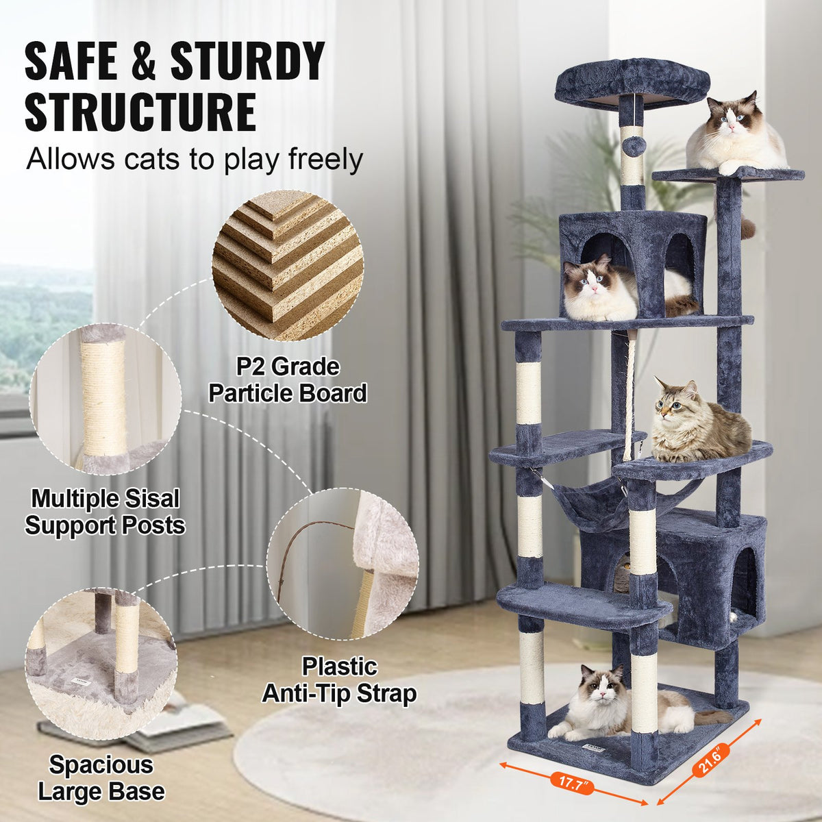 VEVOR Cat Tree for Indoor Cats, 72" Cat Tower with 2 Cat Condos, Sisal Scratching Post, Hammock, Top Perch, Jumping Platforms, Large Cat Furniture Activity Center with Hang Ball, Dark Grey - DXSMS9C2FSH07AJXKV0 - view 7