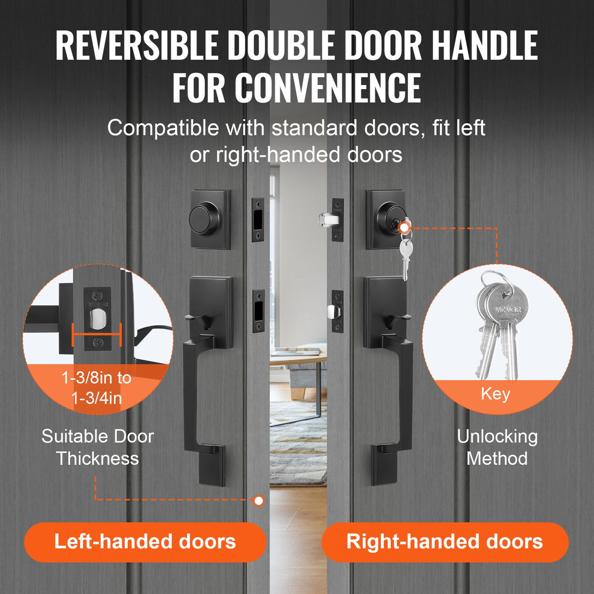 VEVOR Double Door Handle Set, Matte Black Square Door Lever, Double Front Door Handle Set with Reversible Handle Lever, Heavy Duty Double Door Lock Set with Dummy, for Office Door or Front Door - DXSMSBYGHDSF9Q7Z4V0 - view 6