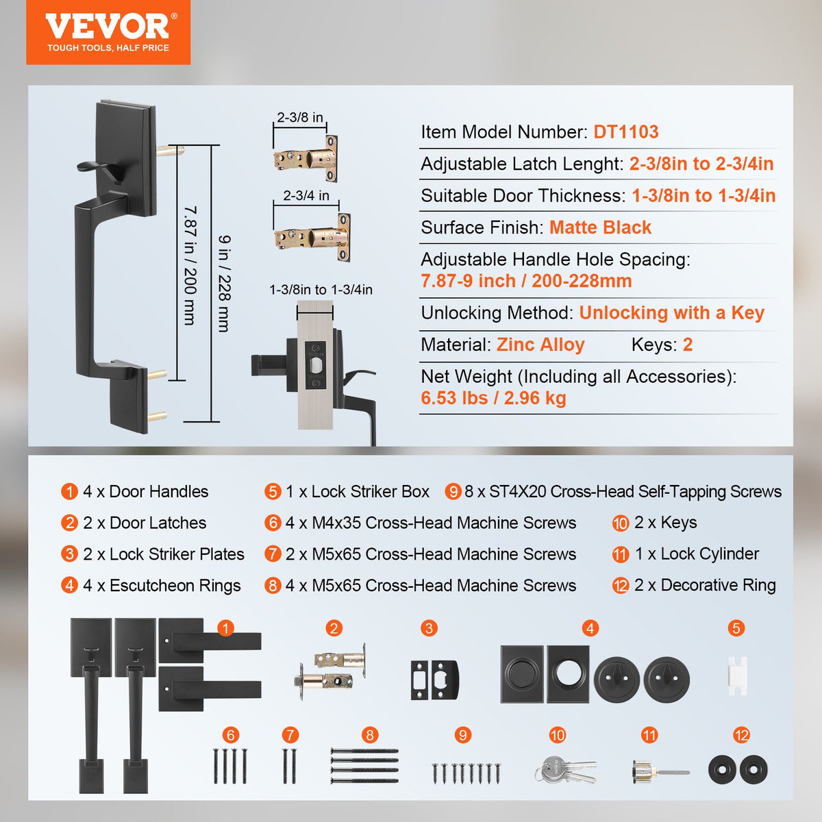 VEVOR Double Door Handle Set, Matte Black Square Door Lever, Double Front Door Handle Set with Reversible Handle Lever, Heavy Duty Double Door Lock Set with Dummy, for Office Door or Front Door - DXSMSBYGHDSF9Q7Z4V0 - view 8