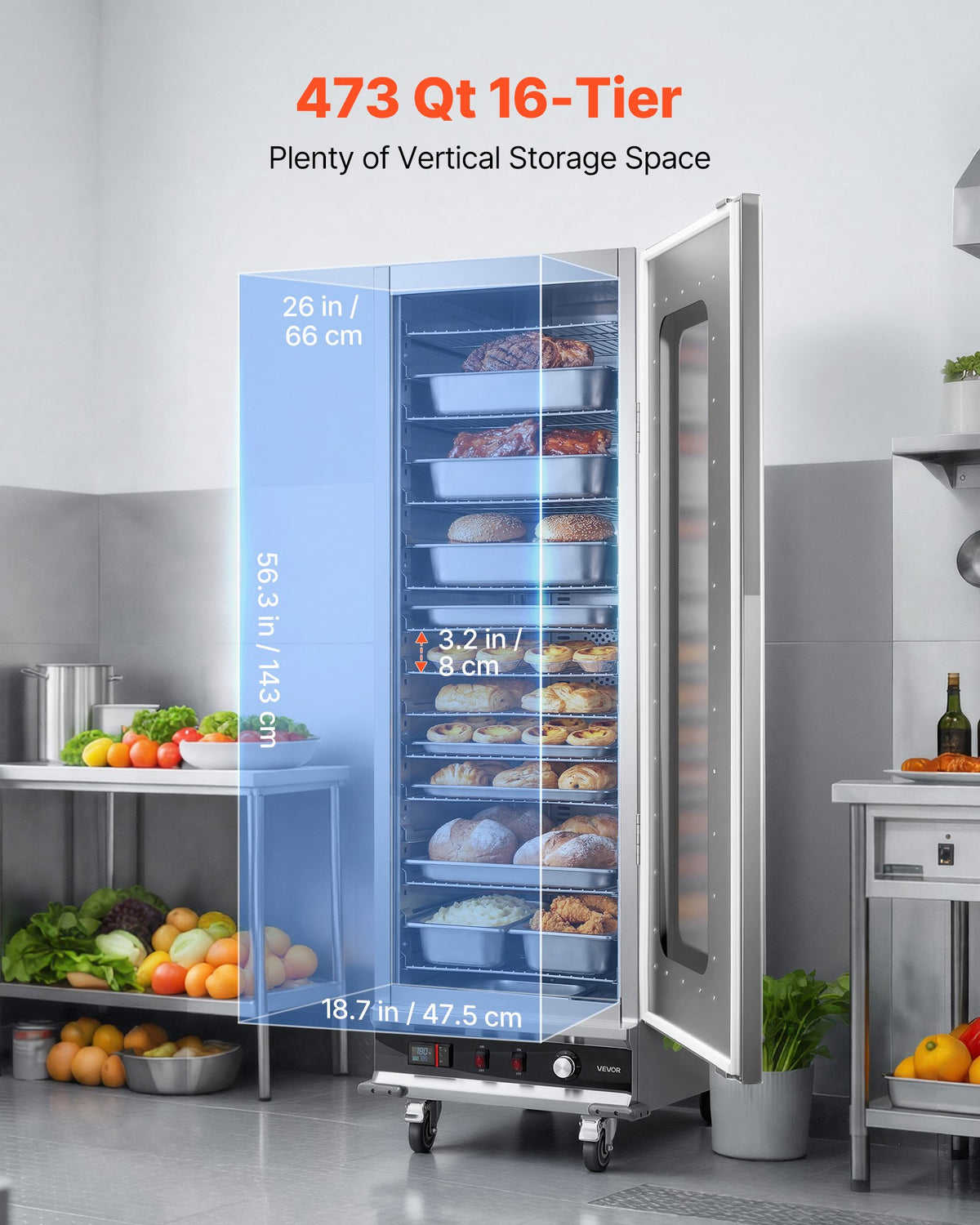 VEVOR Electric Hot Box Food Warmer, 16-Tier Commercial Warming Cabinet with Water Tray, Glass Door and Adjustable Shelves, Stainless Steel Food Warmer Cabinet, for Restaurant, Kitchen, Pizza, Chicken - DXSPBWJBXG1647XNF001V1 - view 3