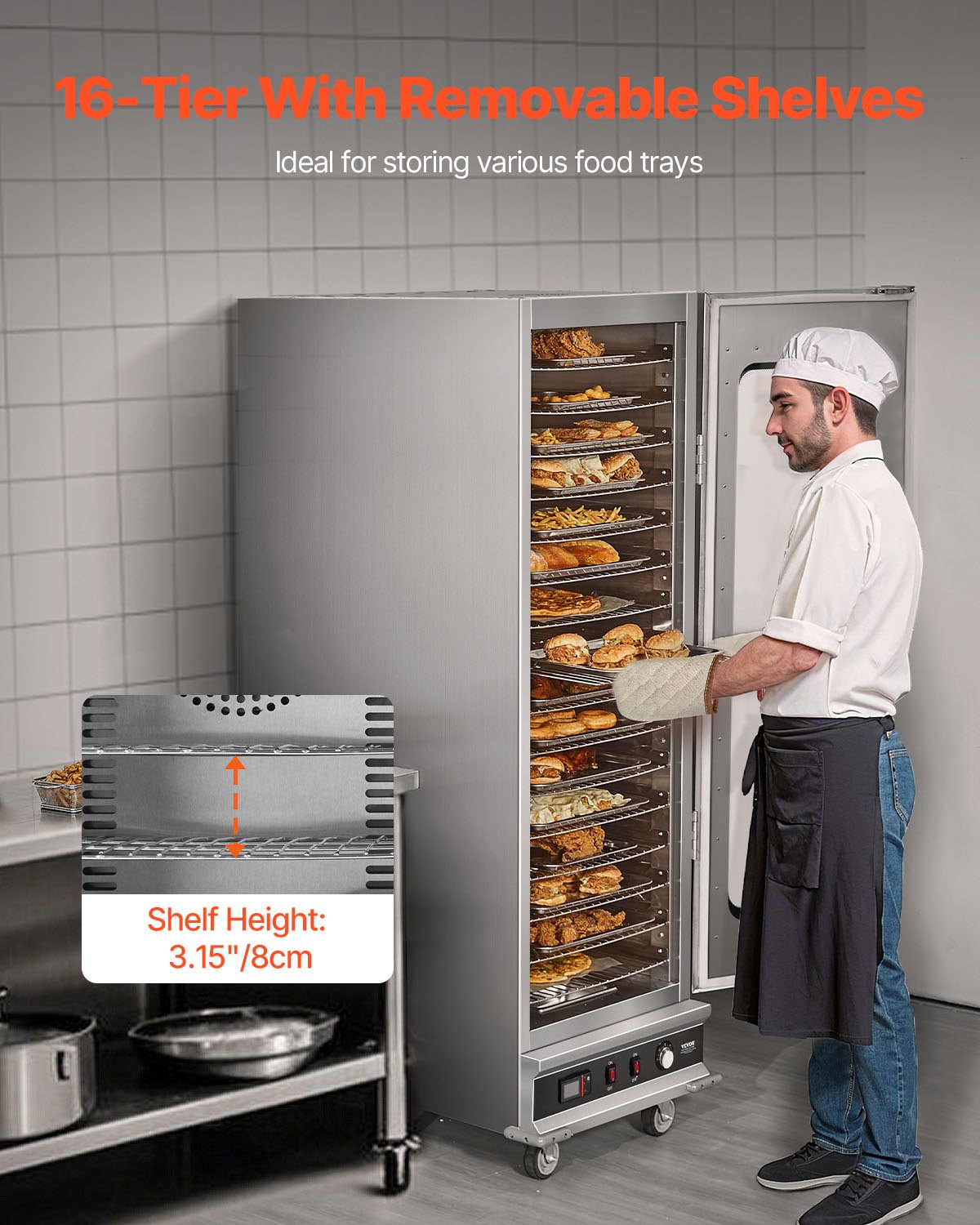 VEVOR Hot Box Food Warmer, 16-Tier Large Concession Warmer with Water Tray, Glass Single-door and Adjustable Shelves, Stainless Steel Food Warmer Cabinet, Ideal for Storing Pizza, Chicken, Restaurant - DXSPBWJBXG1689YFVV1 - view 4