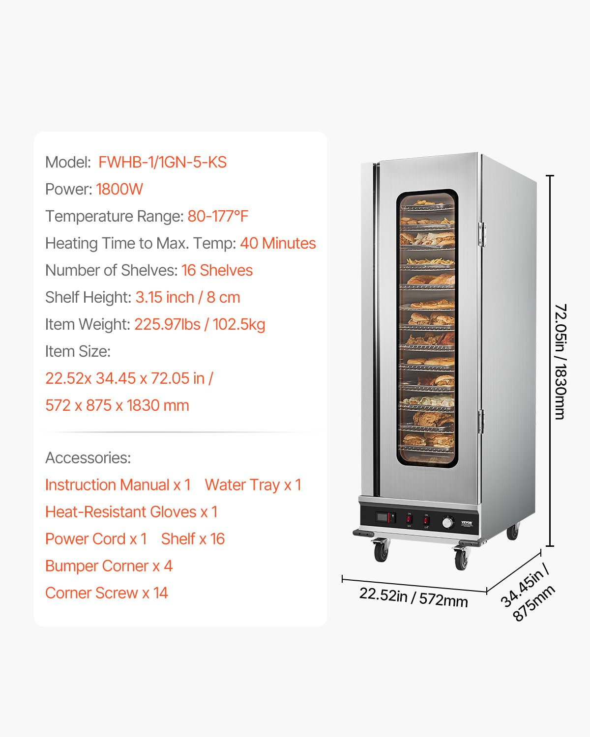VEVOR Hot Box Food Warmer, 16-Tier Large Concession Warmer with Water Tray, Glass Single-door and Adjustable Shelves, Stainless Steel Food Warmer Cabinet, Ideal for Storing Pizza, Chicken, Restaurant - DXSPBWJBXG1689YFVV1 - view 7