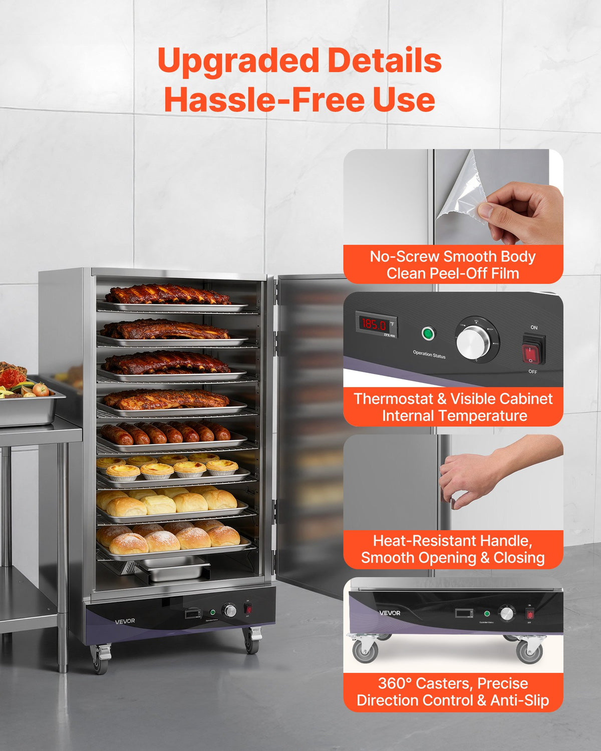 VEVOR Electric Hot Box Food Warmer, 8-Tier Commercial Warming Cabinet with Water Tray, Single-Door and Adjustable Shelves, Stainless Steel Food Warmer Cabinet, for Restaurant, Kitchen, Pizza, Chicken - DXSPBWJBXG8CCPARY001V1 - view 7