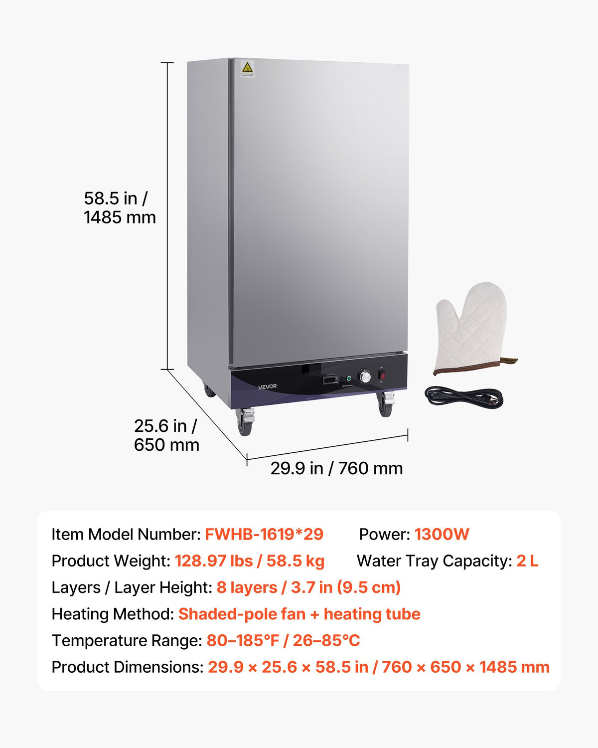 VEVOR Electric Hot Box Food Warmer, 8-Tier Commercial Warming Cabinet with Water Tray, Single-Door and Adjustable Shelves, Stainless Steel Food Warmer Cabinet, for Restaurant, Kitchen, Pizza, Chicken - DXSPBWJBXG8CCPARY001V1 - view 8
