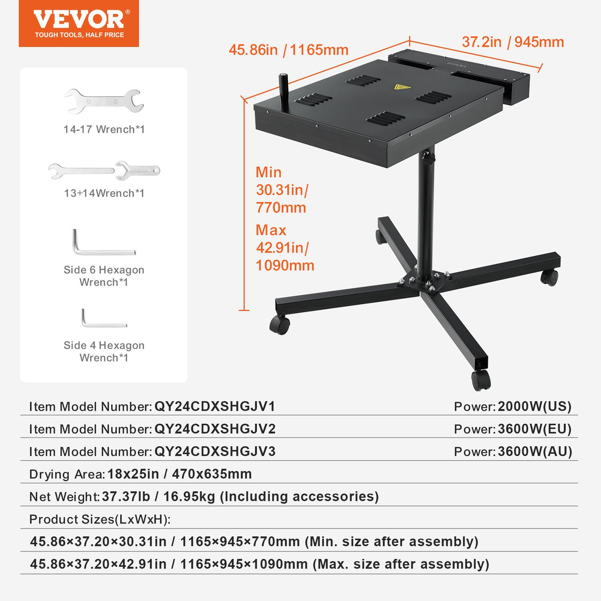 VEVOR Pro Flash Dryer 18x25 inch, Upgrade 2000W Electrical Control Box Flash Dryer for Screen Printing Machine with Height Adjustable Stand, 360° Rotation, X-Shaped Base, Steel T-Shirt Curing Machine - DXSWBHGJ18X27M07IV1 - view 8