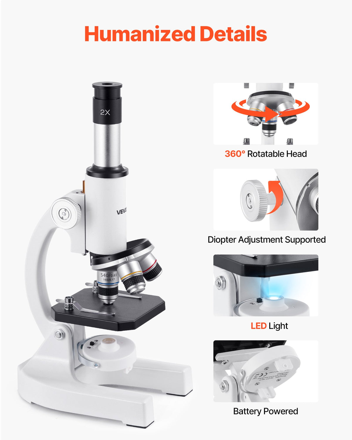 VEVOR Microscope for Kids Adults, 40X-2000X Professional Compound Microscope Mobile Phone Adapter with LED Light, for Laboratory, School, Home, Education - DXWJ4X10X40XV6Z4A001V5 - view 6