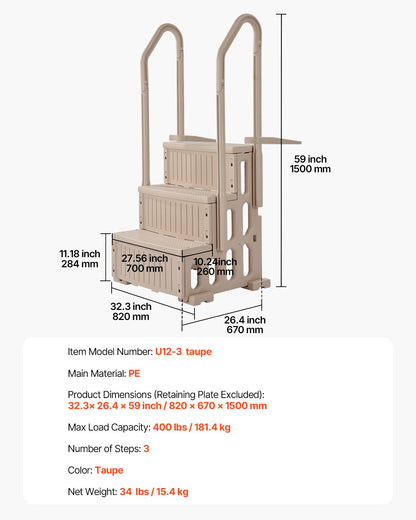 VEVOR Swimming Pool Ladder, 3-Step Double Handrails Stairs with Non-slip Heavy Duty Steps, Max Load Capacity 400 lbs, for 36-48 Inch Inground & Above-ground Pools of Any Decking Surface, Taupe - DXYCTLTSFSSLFPJ4ZV0 - view 8