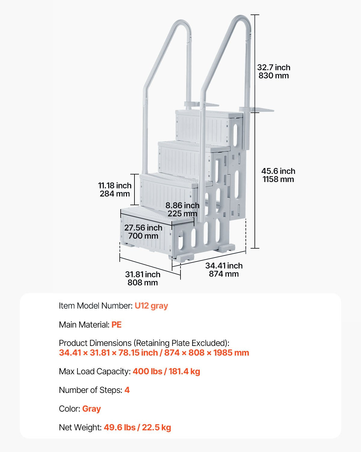VEVOR Swimming Pool Ladder, 4-Step Double Handrails Stairs with Non-slip Heavy Duty Steps, Reliable 400 lbs Max Load Capacity, for 48-54 In Inground & Above-ground Pools of Any Decking Surface, Grey - DXYCTLTSFSSLS1J0IV0 - view 8