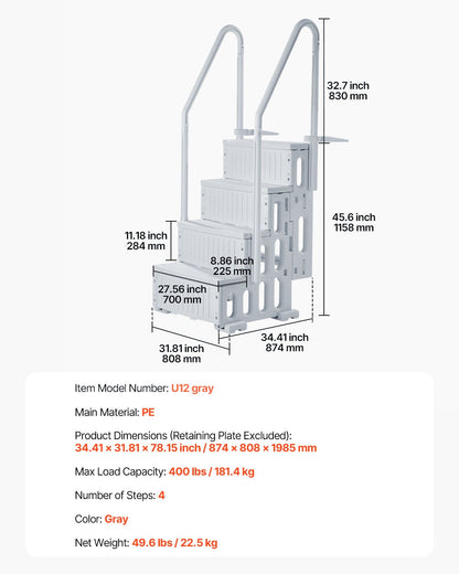 VEVOR Swimming Pool Ladder, 4-Step Double Handrails Stairs with Non-slip Heavy Duty Steps, Reliable 400 lbs Max Load Capacity, for 48-54 In Inground & Above-ground Pools of Any Decking Surface, Grey - DXYCTLTSFSSLS1J0IV0 - view 8