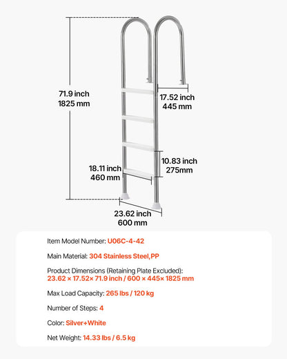 VEVOR Swimming Pool Ladder, 4-Step Double Handrails Stairs with Non-slip Heavy Duty Steps, Stainless Steel Load Capacity 265 lbs, for 54 In Inground Pools with Mounted Deck Board Indoor & Outdoor - DXYCTTBGGBXGT35OAV0 - view 8