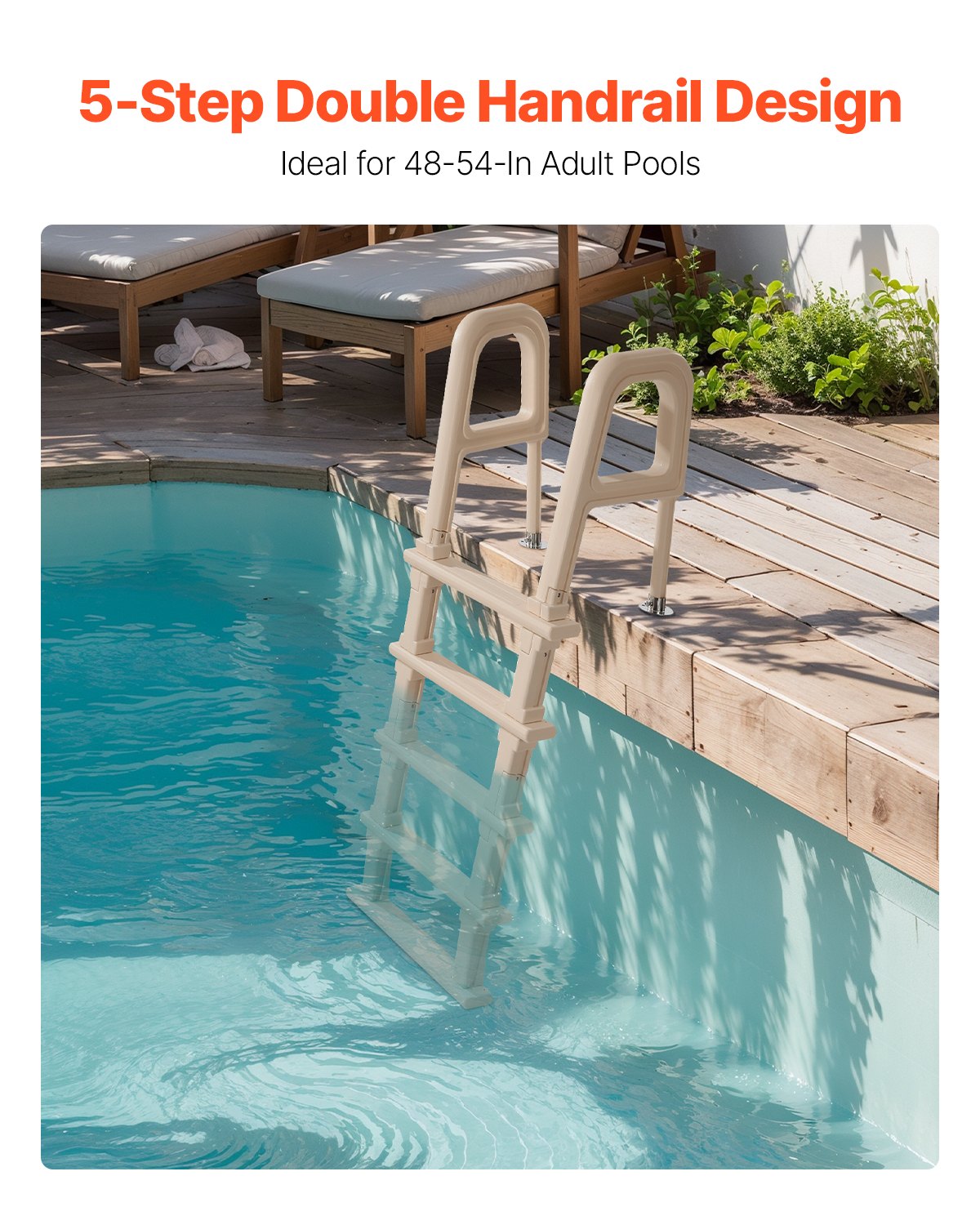 VEVOR Swimming Pool Ladder, Inclined 5-Step Double Handrails Stair, Non-slip Heavy Duty Step, Load Capacity 300 lb, for 48-54" Inground & Above-ground Pools of Any Deck Surface Indoor & Outdoor, Taupe - DXYCTTBGGSLHJ6UMVV0 - view 3